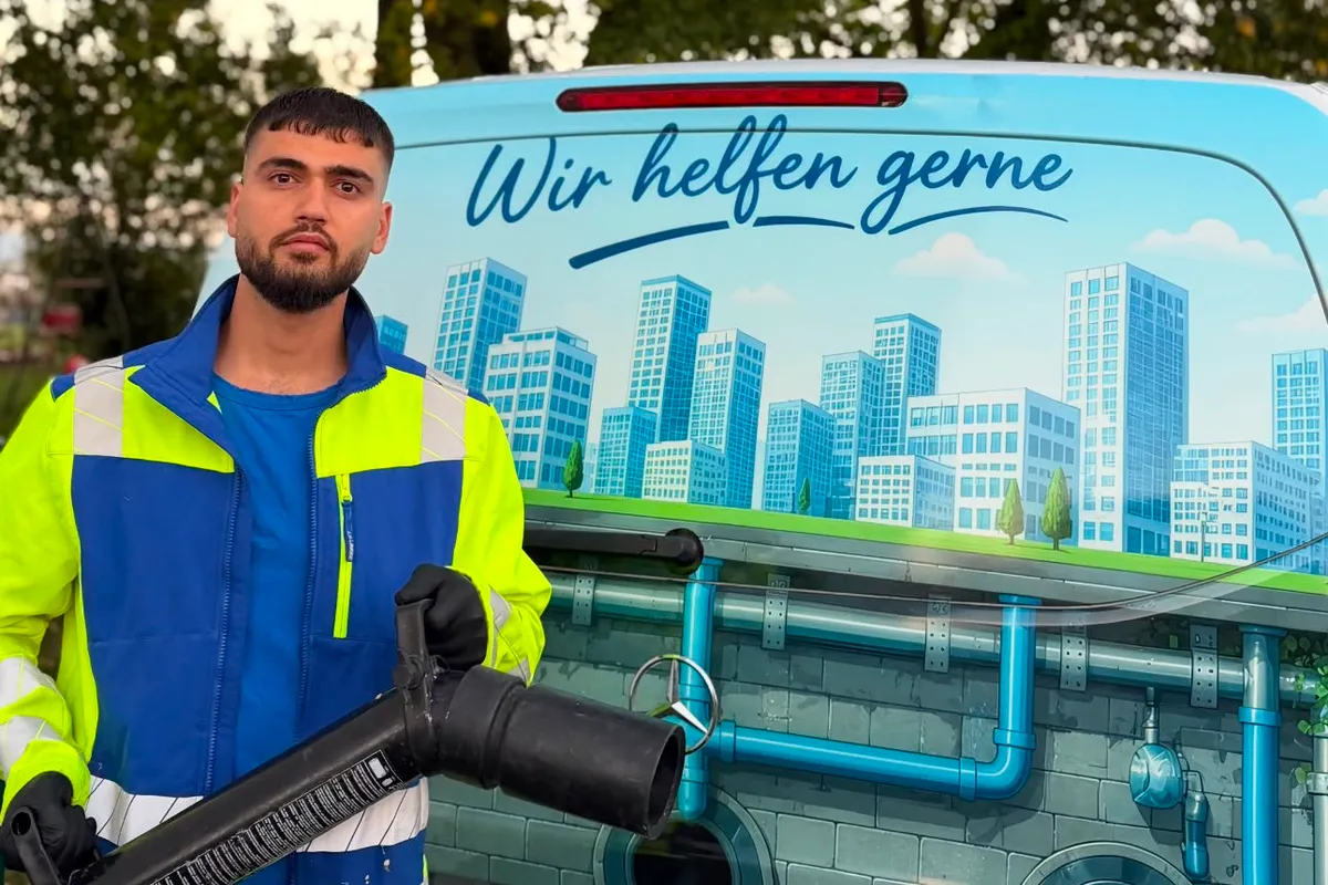 Techniker in Warnjacke mit Spülgerät vor dem Einsatzwagen